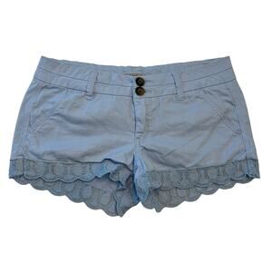 BKE Shorts Women’s Size 29 Boho Lace Hem Low Rise Soft Twill Stretch Retro Blue